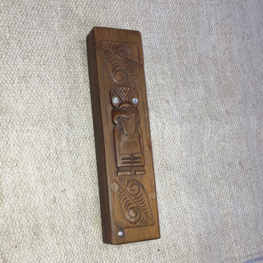 Handmade Carved Wooden keepsake / pencil box with mother of pearl inset eyes